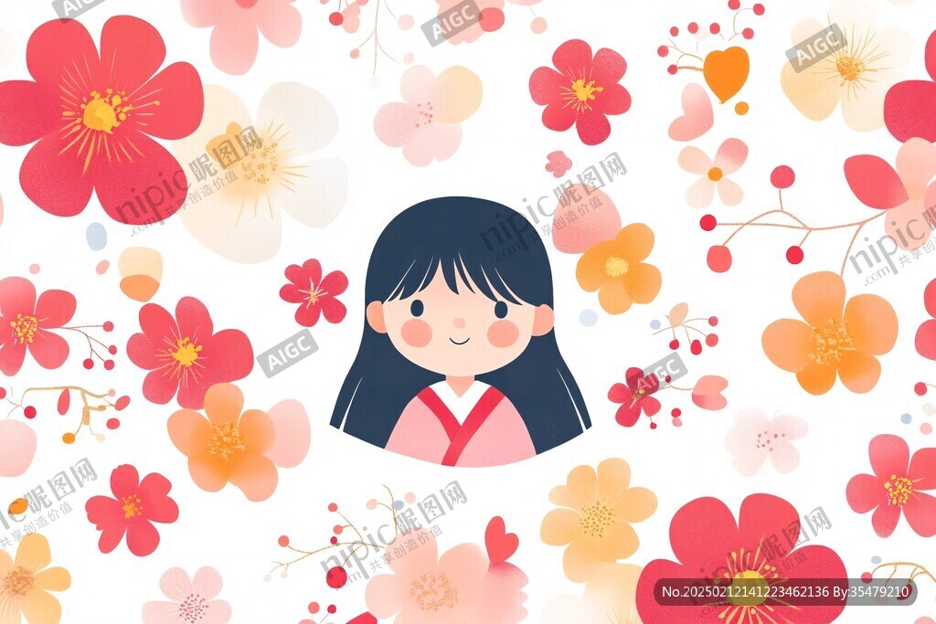 卡通女孩樱桃樱花元素
