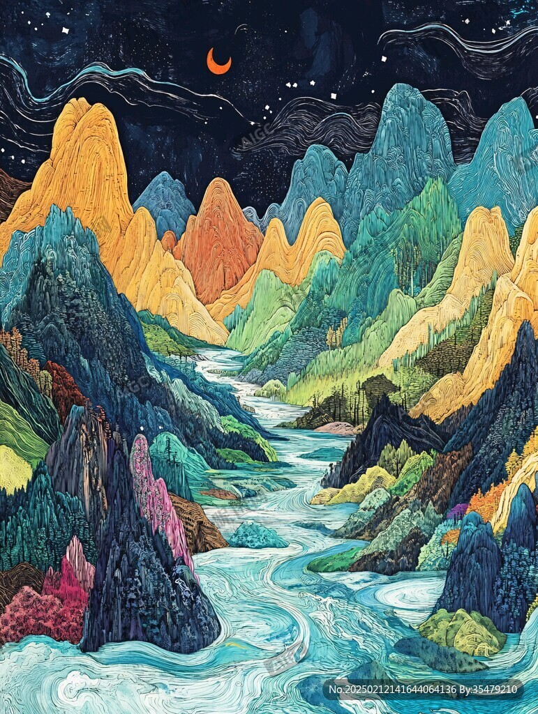 高端山水线包装插画