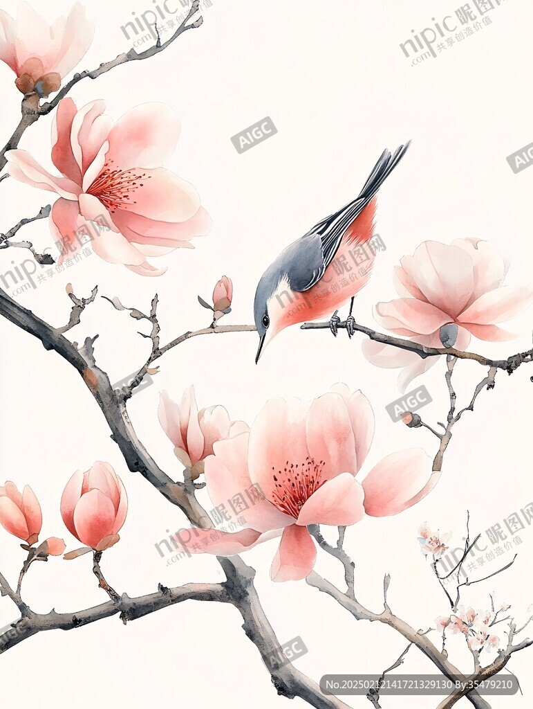 手绘桃花花鸟