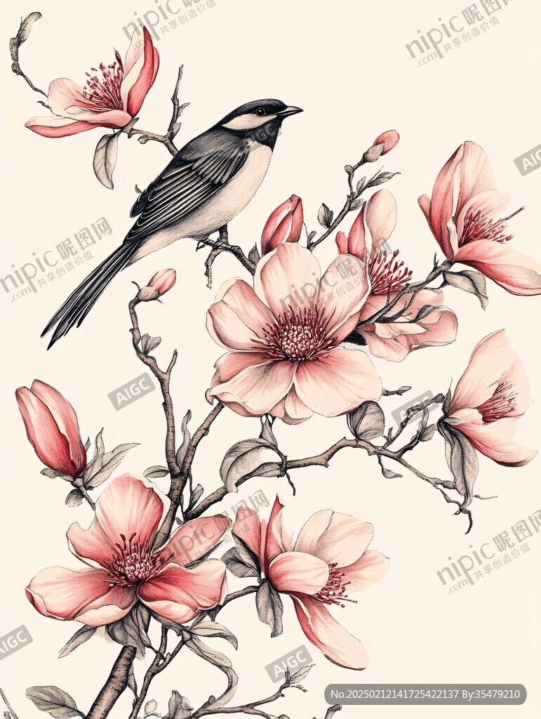 手绘桃花花鸟