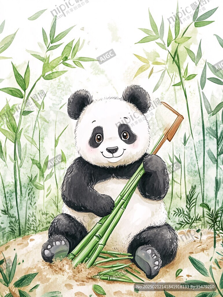 熊猫竹笋插画