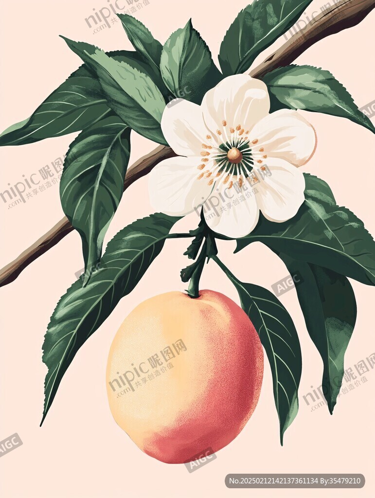 水果山水桃树插画