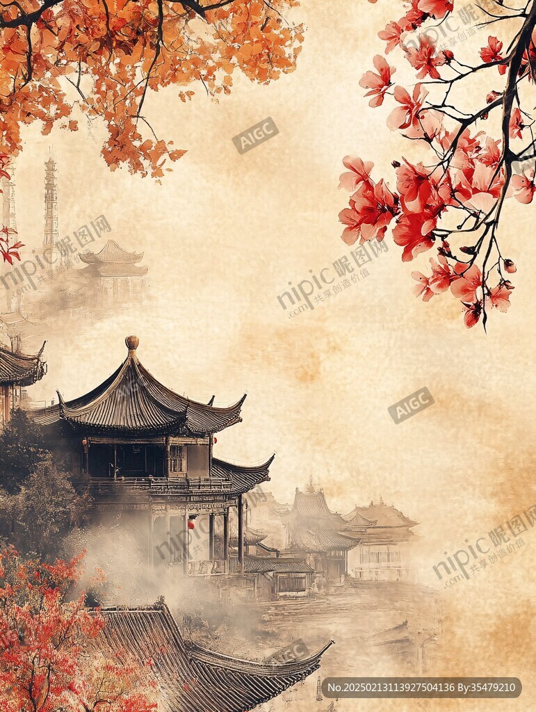 金色秋天中式园林素材