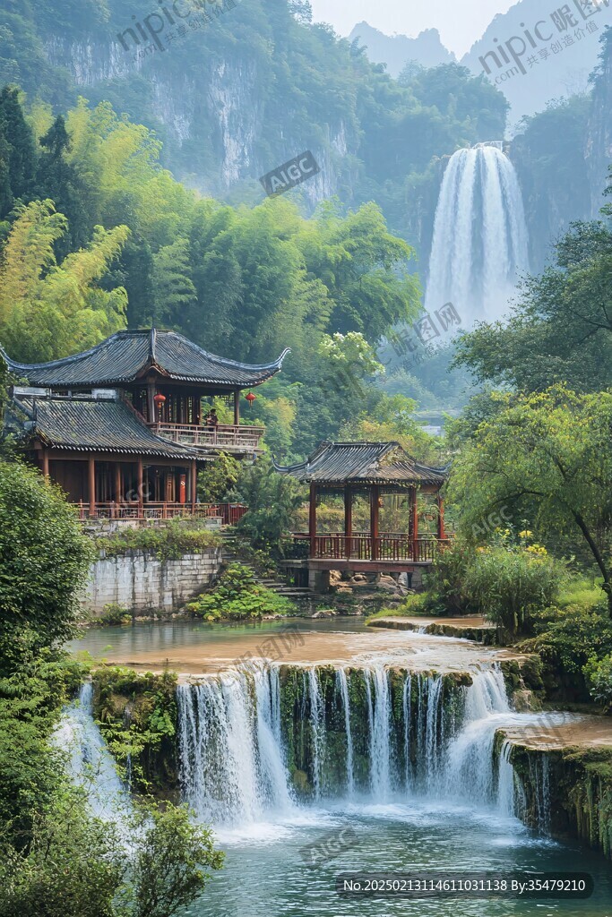 亭台楼阁流水瀑布
