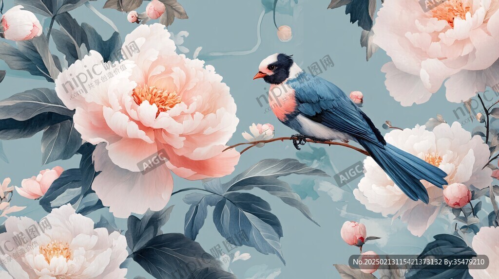 牡丹喜鹊图插画