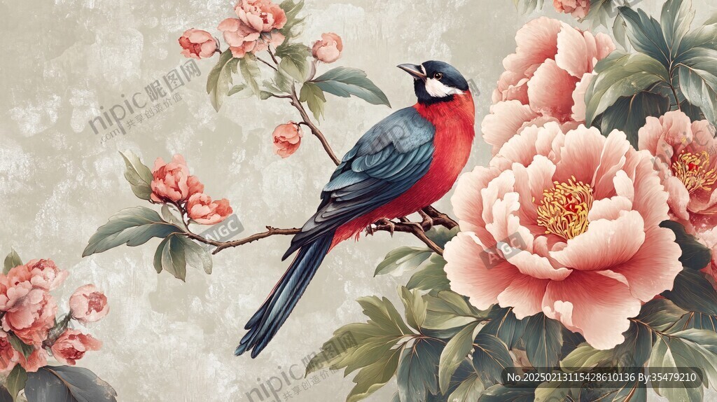 手绘牡丹花鸟壁画