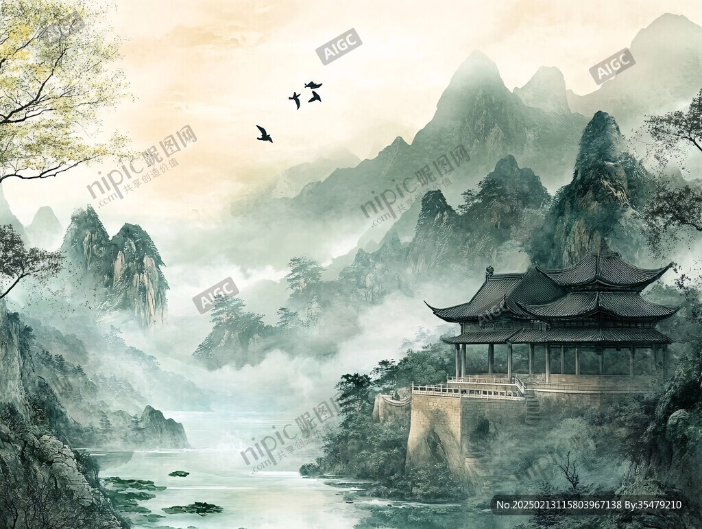 仙鹤楼阁古风山水画