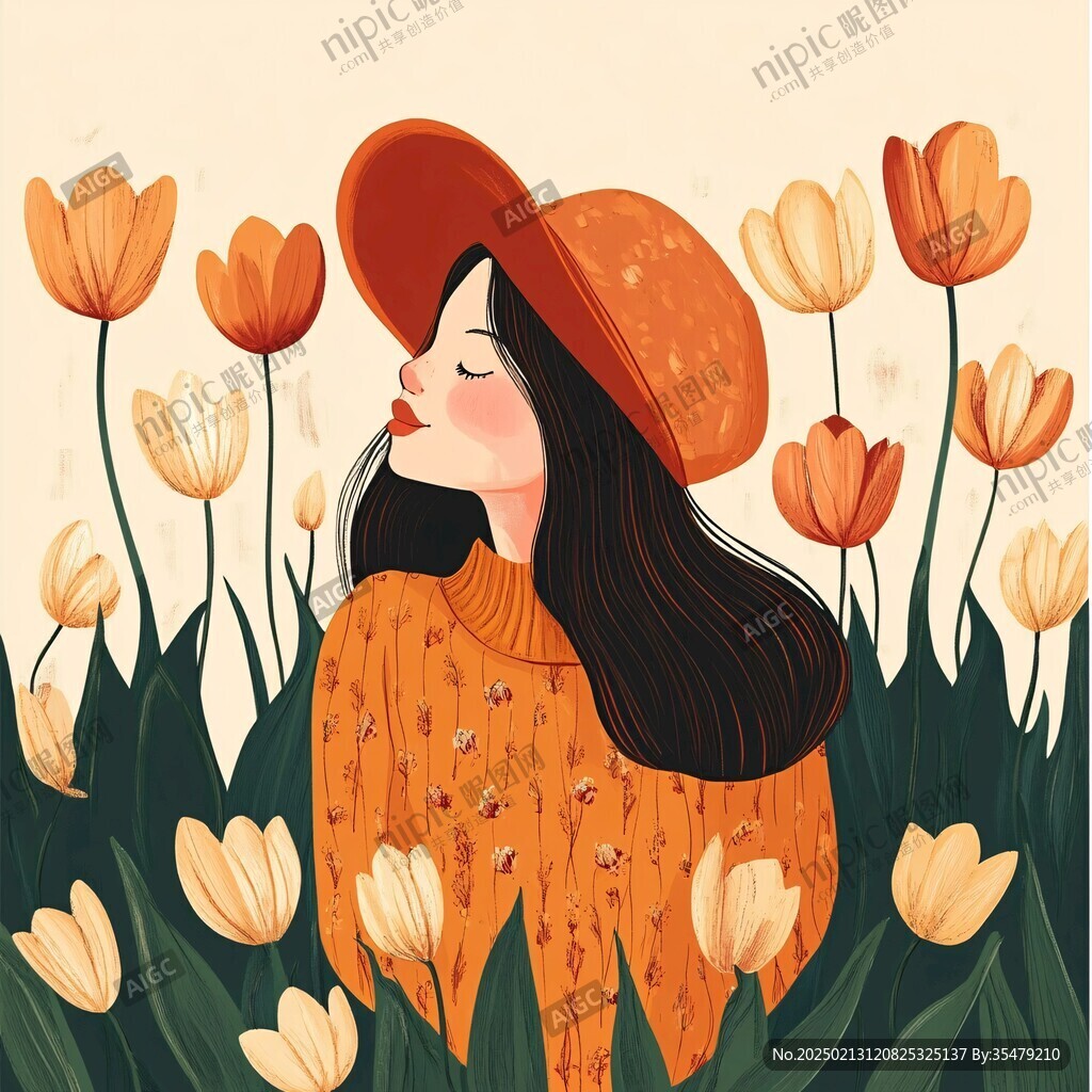 花丛女孩插画