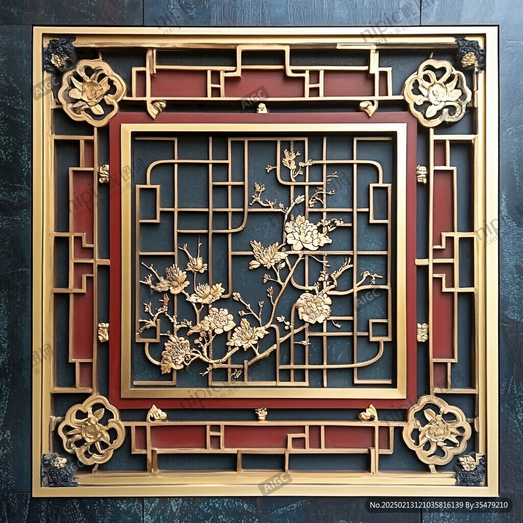 中式木窗户花浮雕墙