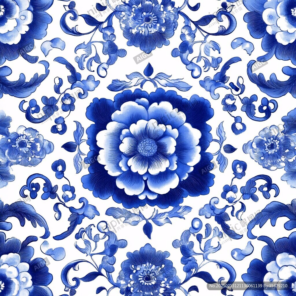 牡丹花青花瓷图案