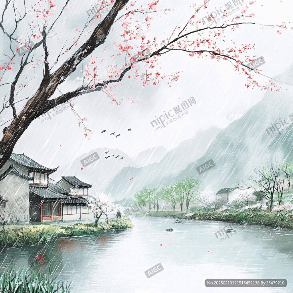 烟雨江南古风山水插画