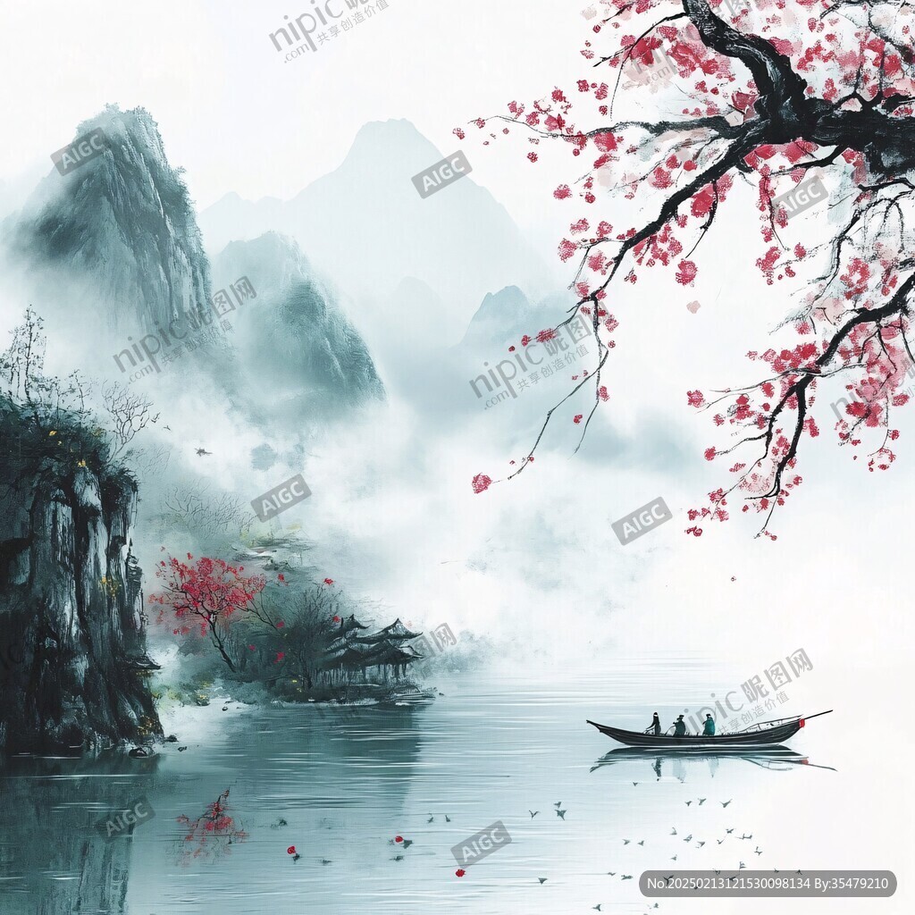 红叶古风山水画