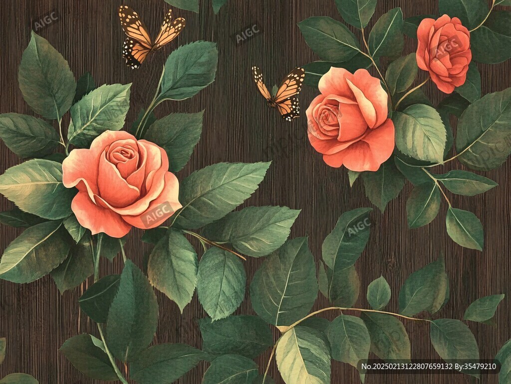 月季粉蝶图插画