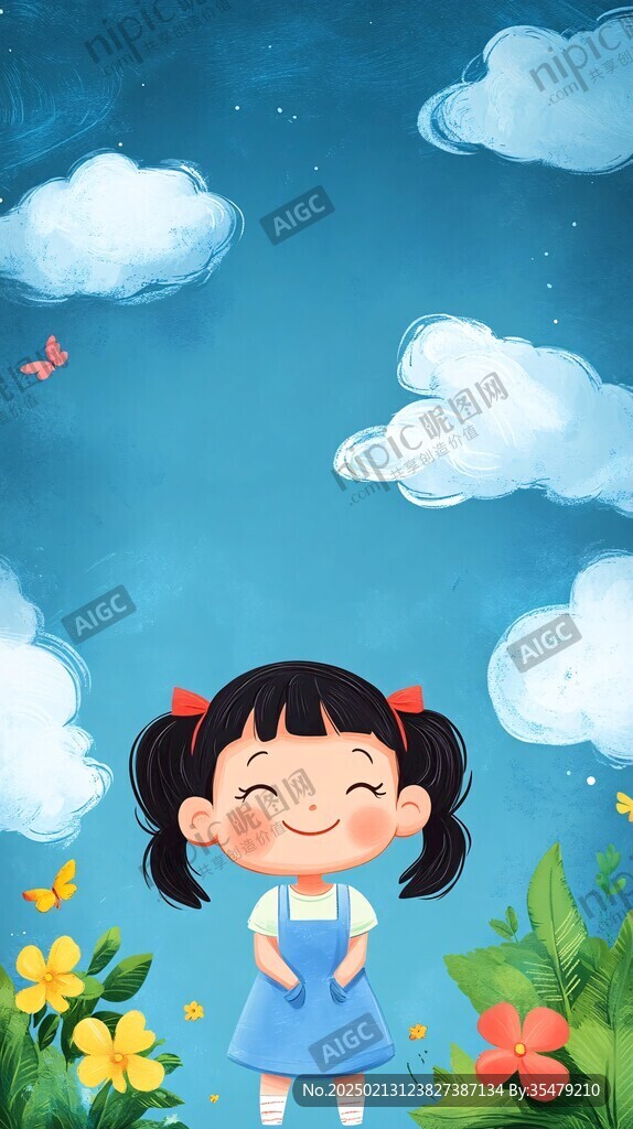蓝天白云女孩插画
