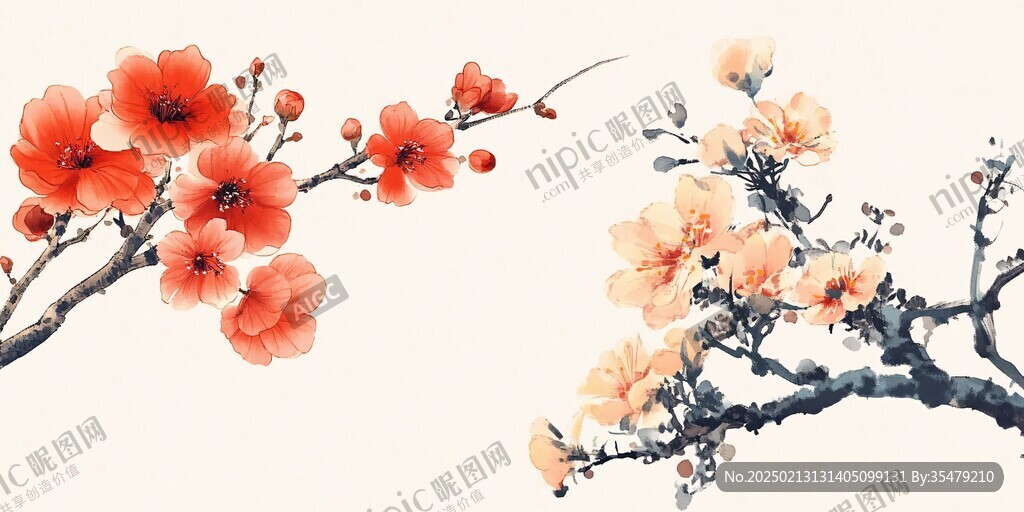 手绘水彩梅花花鸟壁画