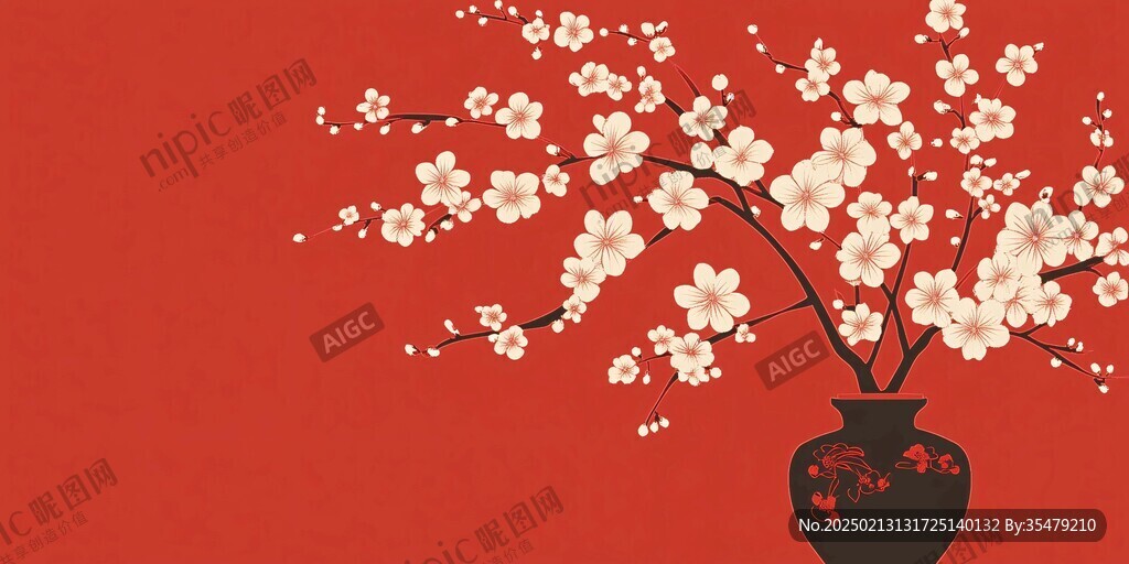 工笔手绘红墙梅花