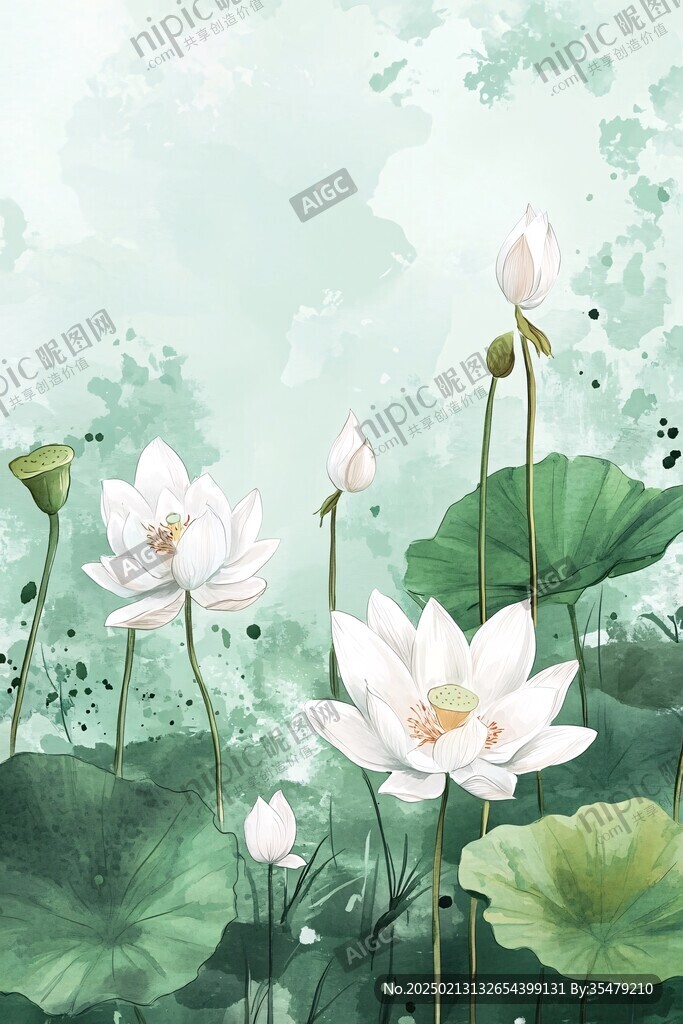 插画荷花荷叶