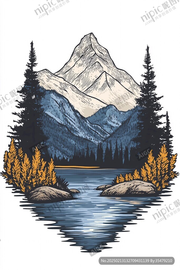 手绘山湖