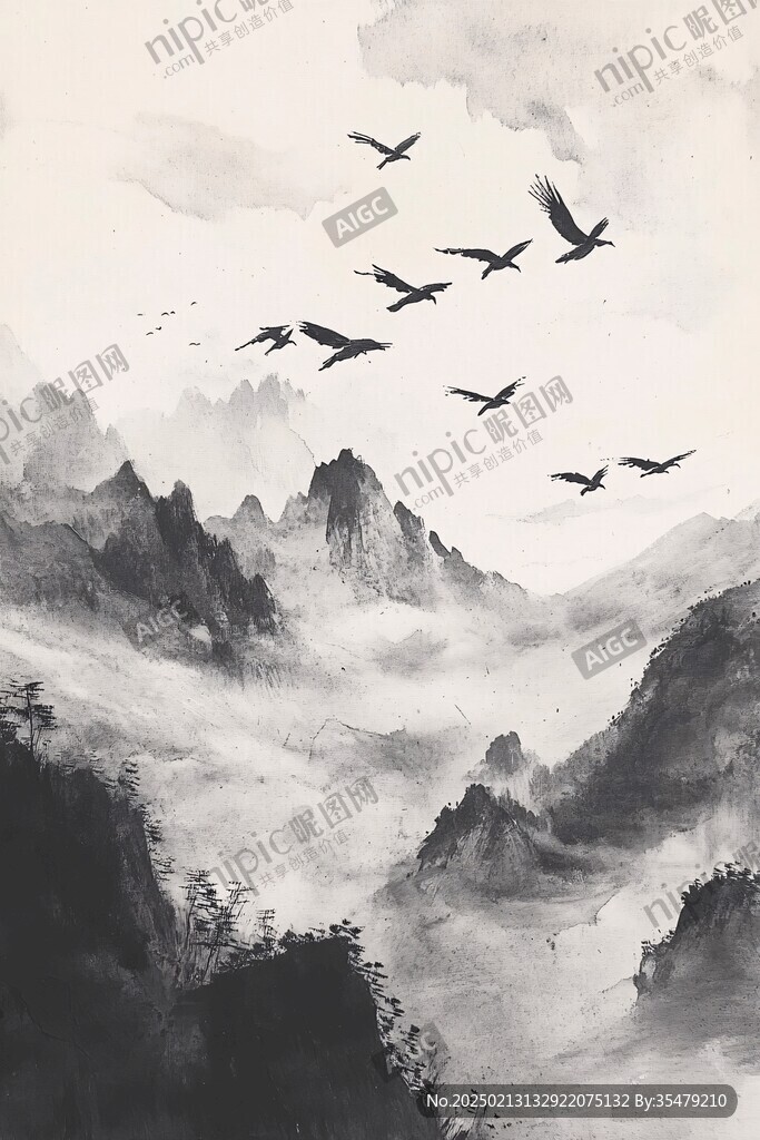 飞鸟水墨山水