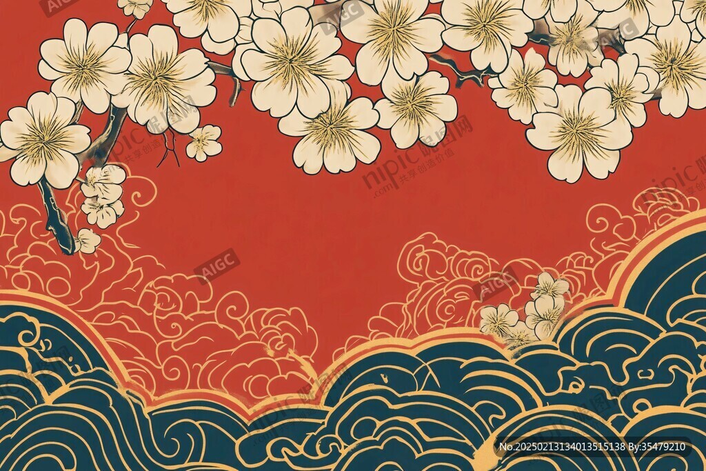 海浪仙鹤云纹中式背景