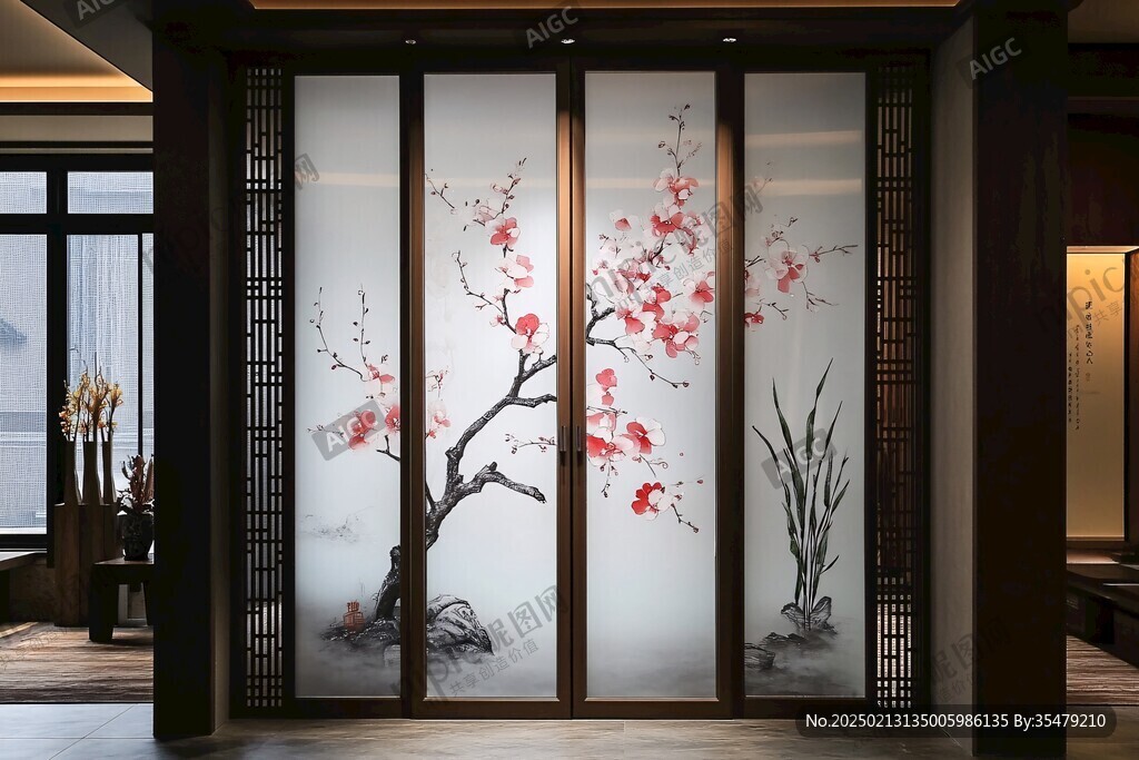 酒店客厅走廊梅花花鸟