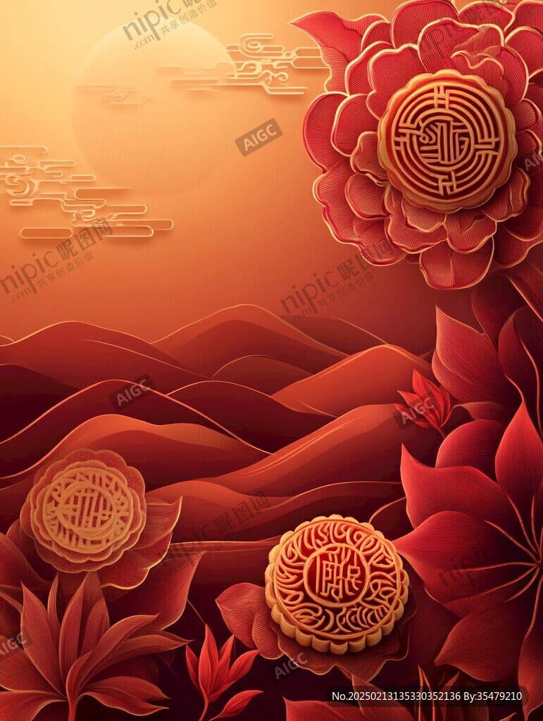 月饼牡丹花插画