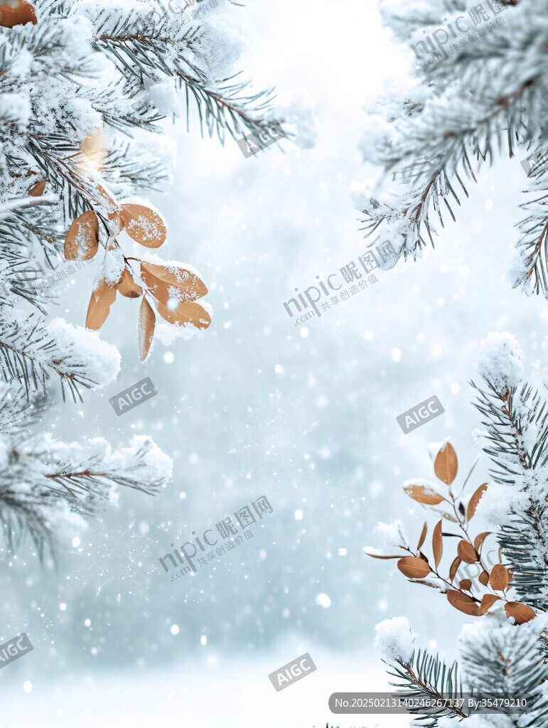 落雪的枫树枝叶