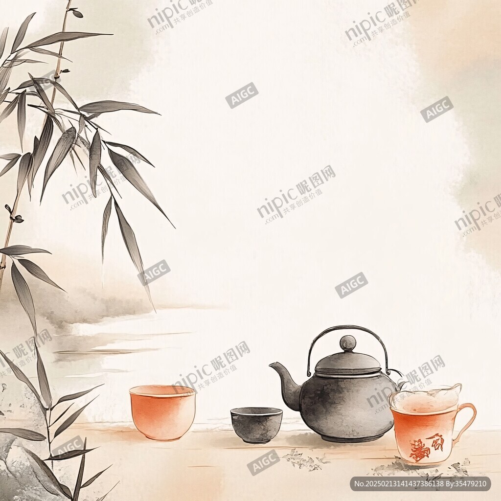 手绘竹茶古典插画