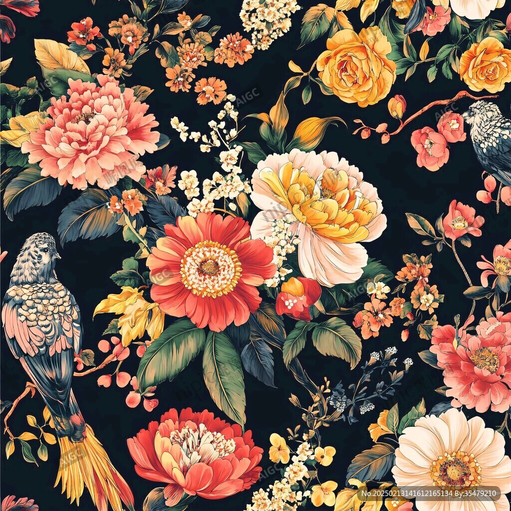 花鸟牡丹花鸟碎花