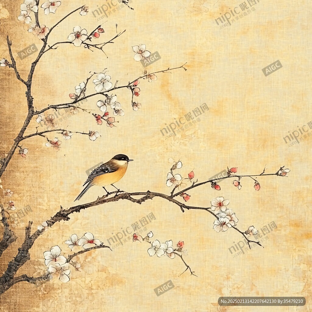白梅工笔花鸟