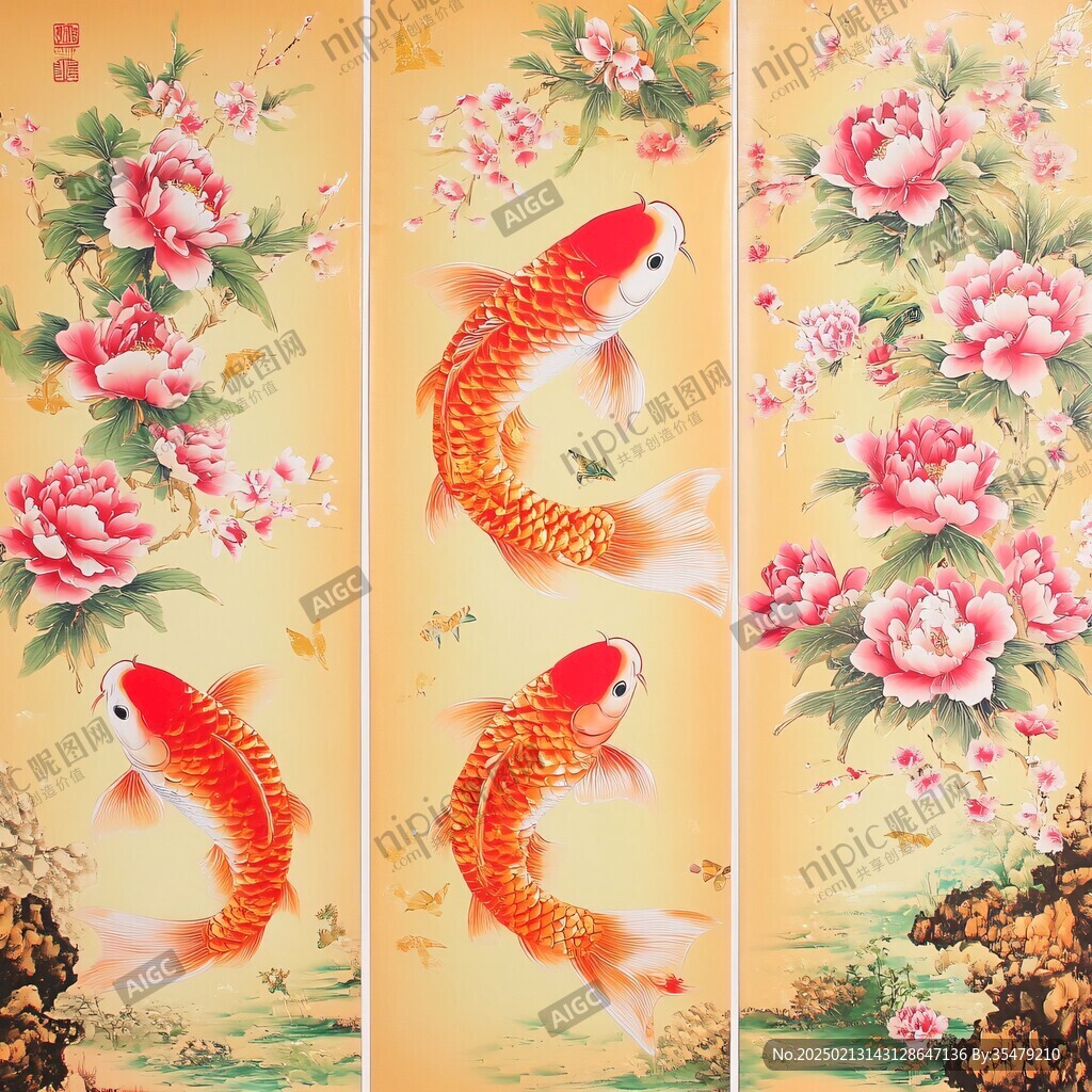 牡丹鲤鱼无框画