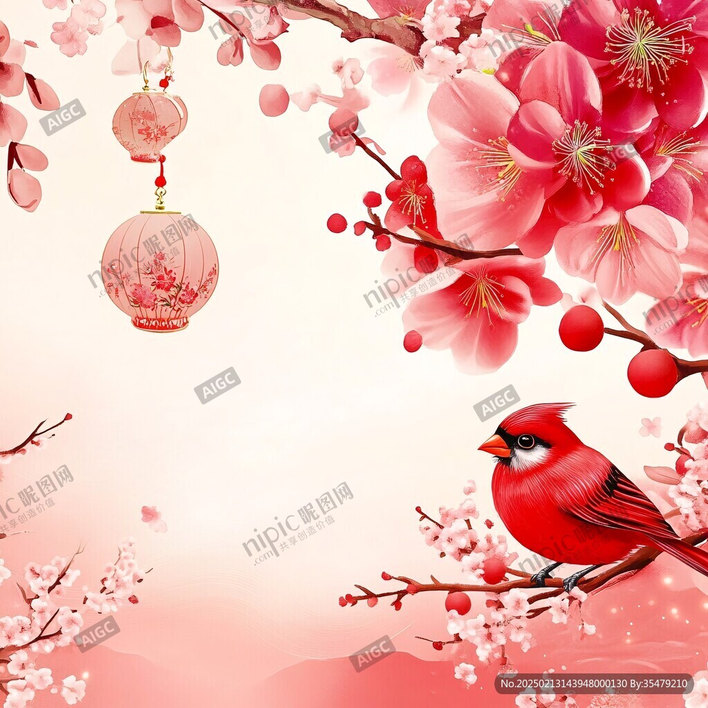 中式桃花花鸟
