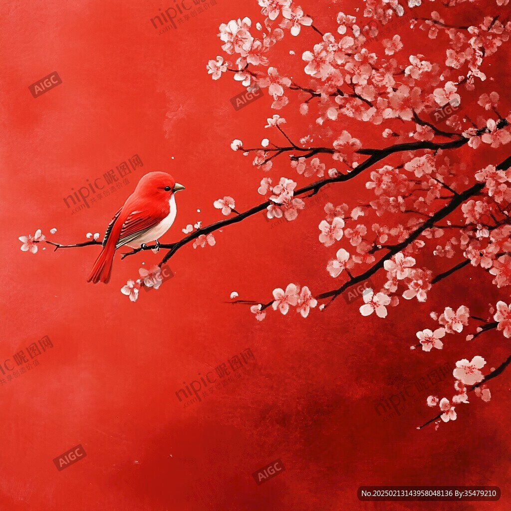 红色花鸟图