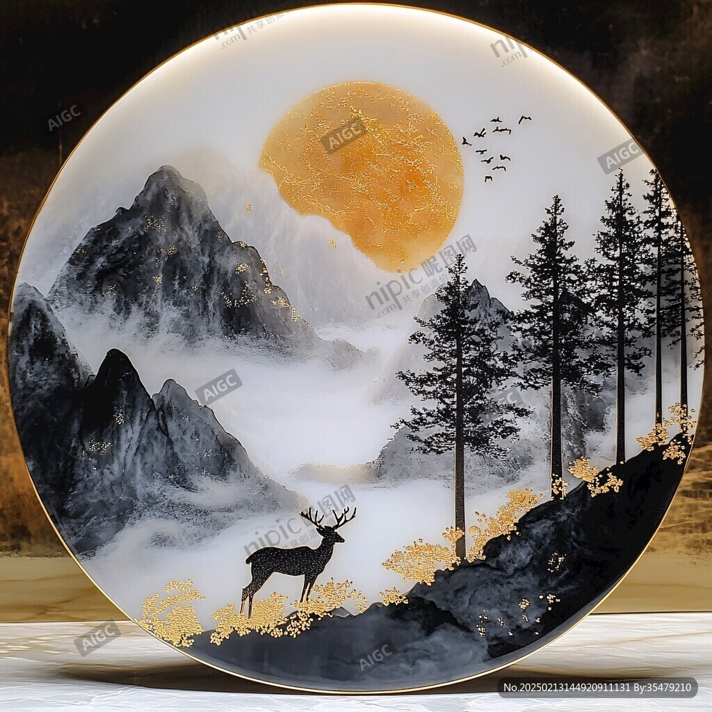 立体山水麋鹿圆框画