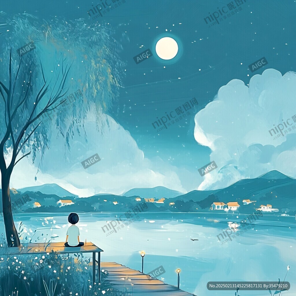 插画夜景湖泊