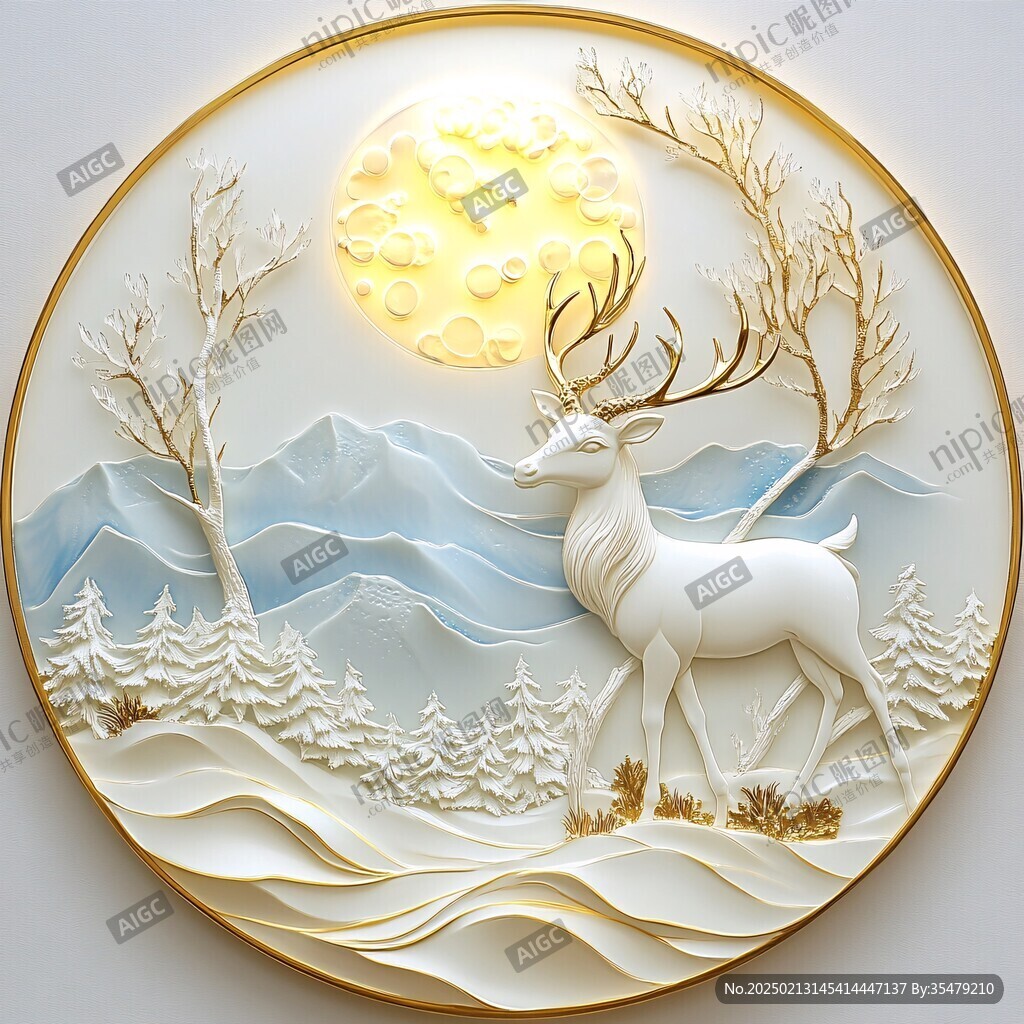 立体山水麋鹿圆框画