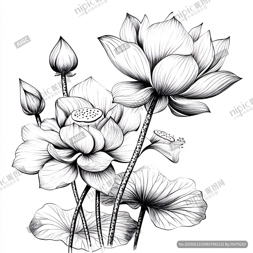 荷花手绘黑白