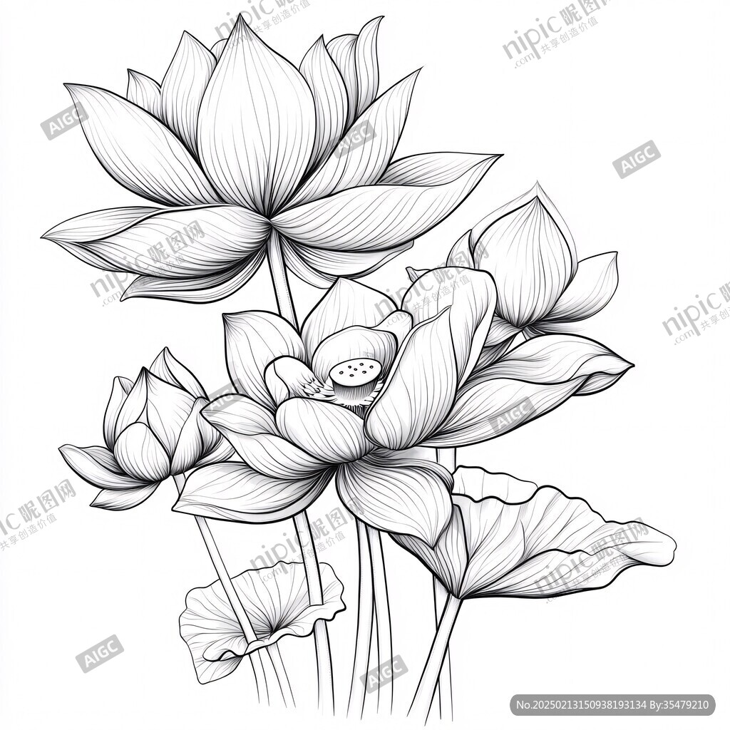 手绘黑白线描荷花