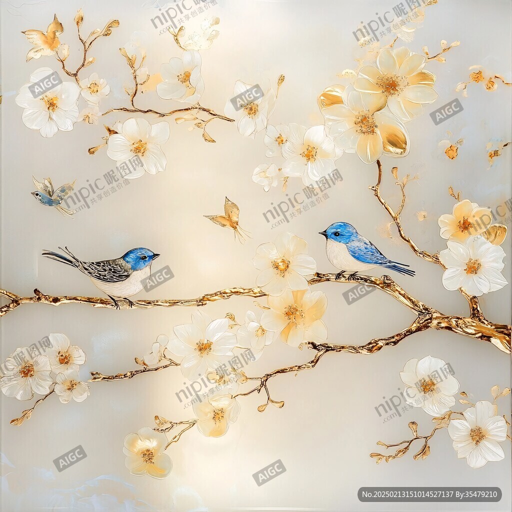 手绘梅花花鸟壁画