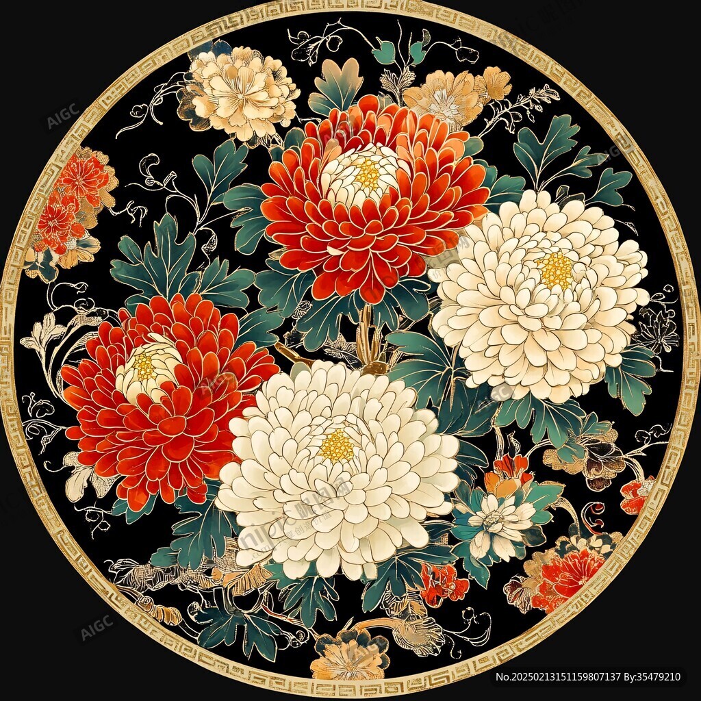 圆形花鸟画花开富贵