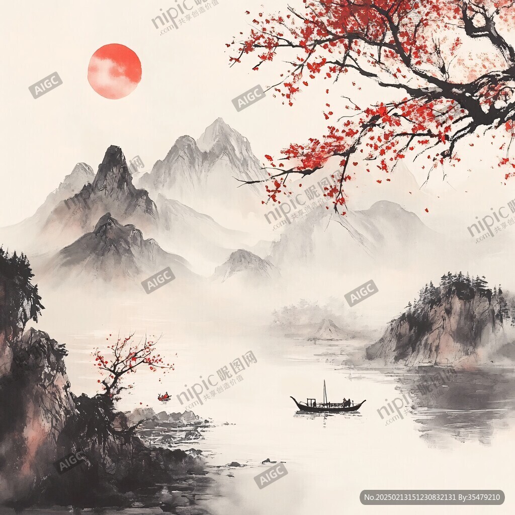 红叶古风山水画
