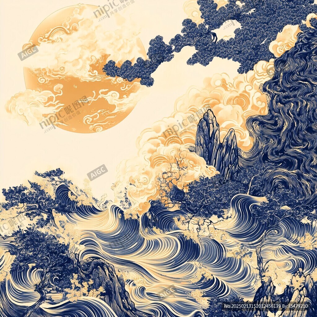 古风海浪包装插画