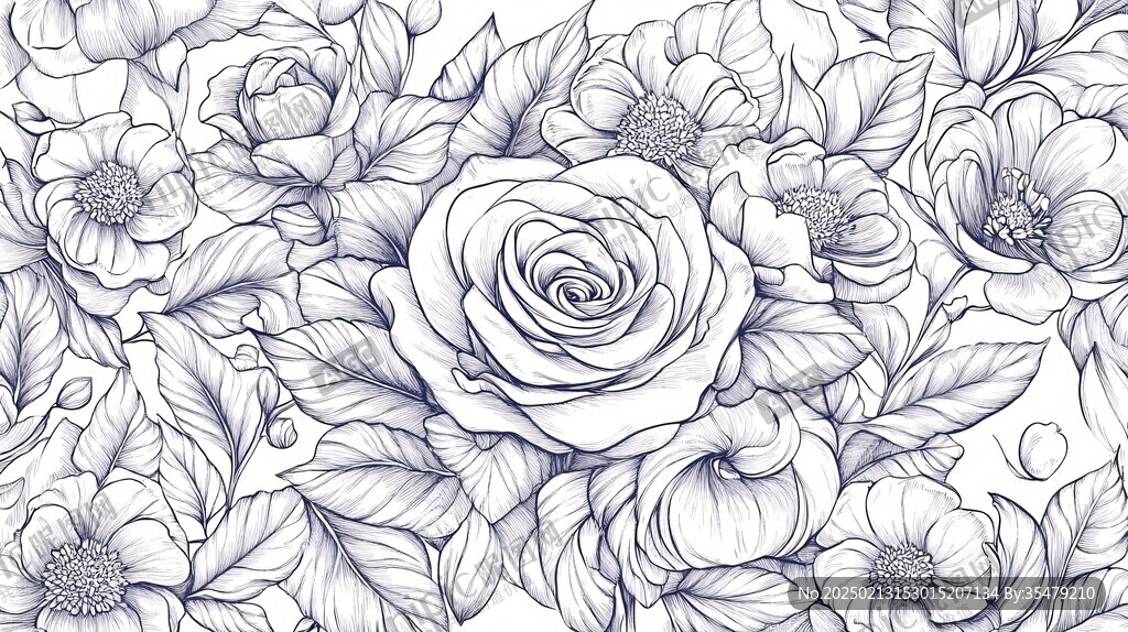 线描玫瑰花