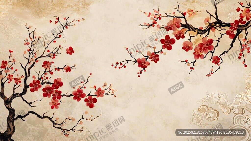 手绘梅花壁画