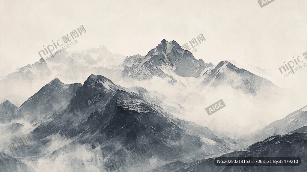 水彩画山峰群山远山