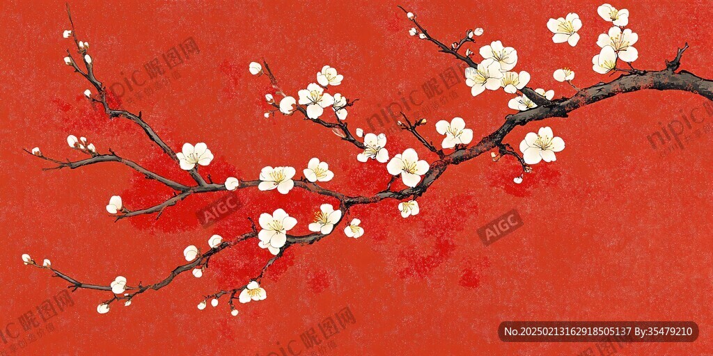 工笔手绘红墙梅花