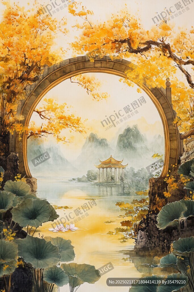 银杏古典山水背景壁画