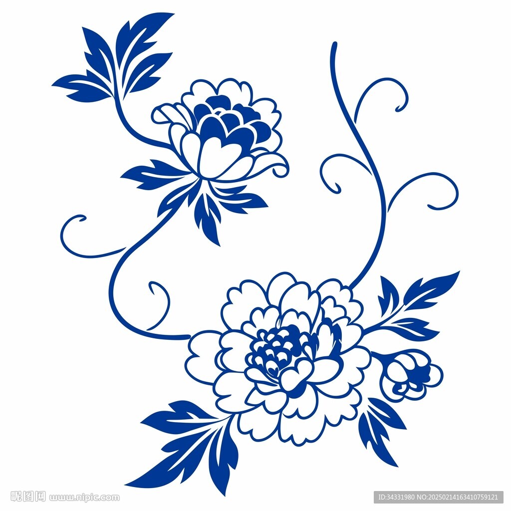 牡丹缠枝陶瓷花纹图案插画