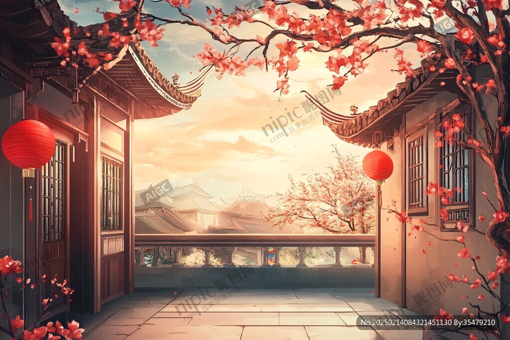 中式梅花阁楼背景