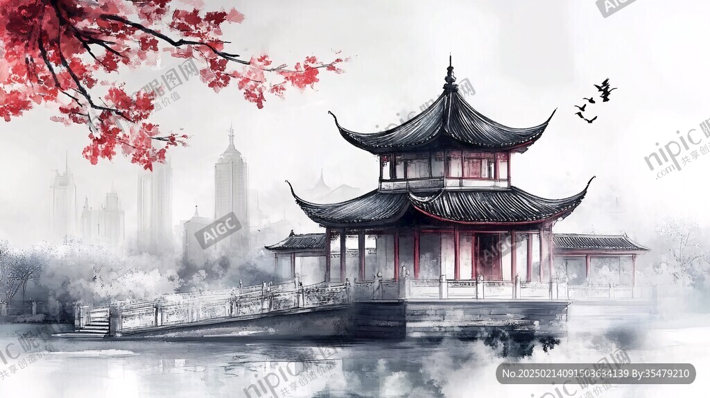 亭台楼阁意境插画